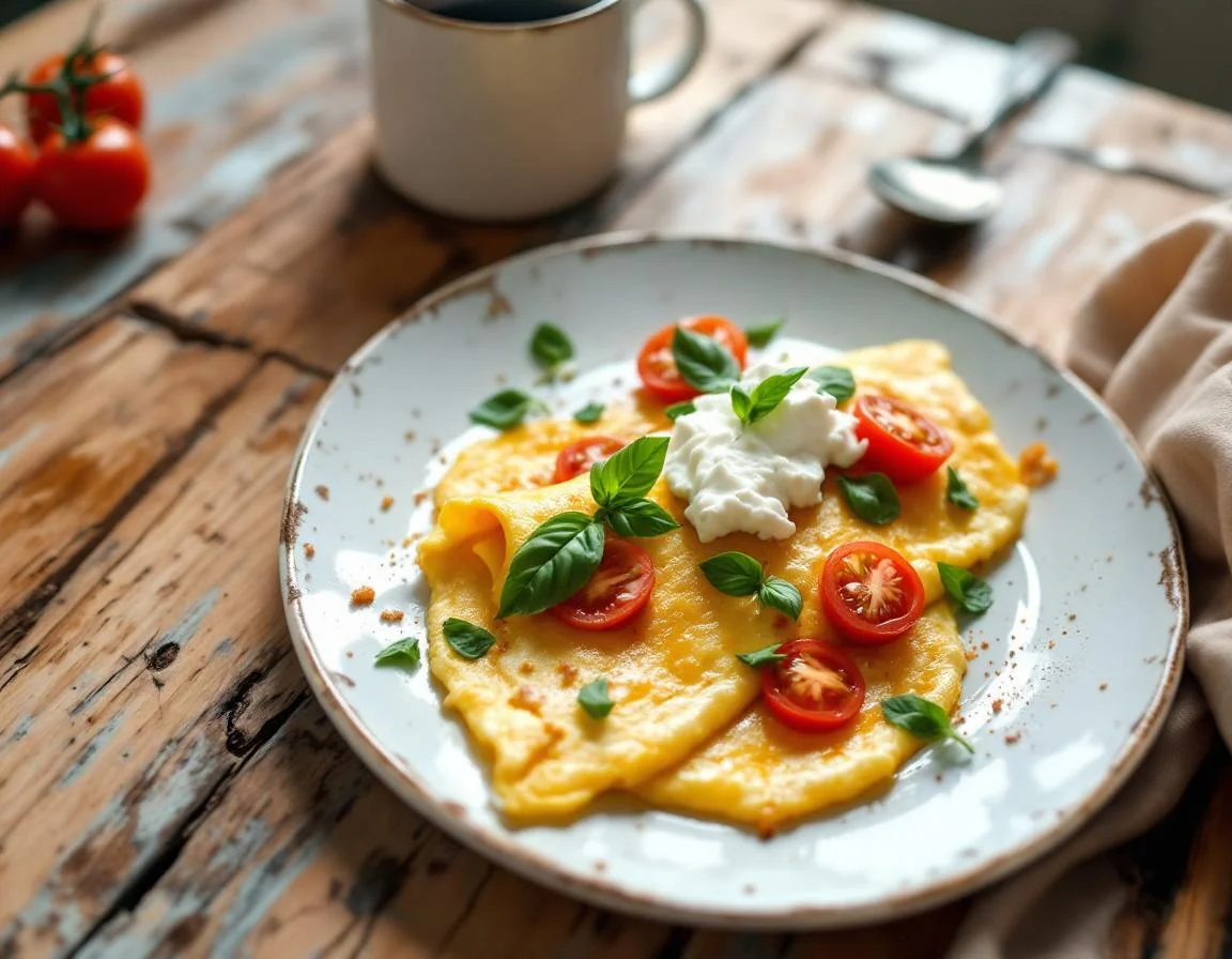 Omletă pufoasă cu roșii și brânză